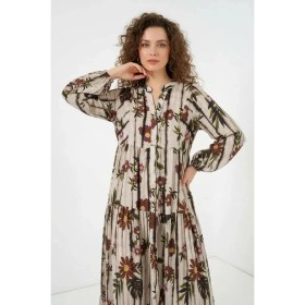 Resim Kadın Yuvarlak Yaka Beli Büzgülü Çiçek Desenli Viskon Kahve Bej Tesettür Elbise 