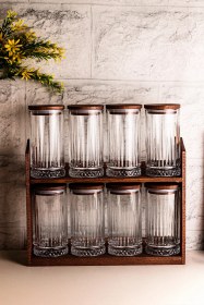 Resim Mira Büyük - 8'li Ahşap Standlı Vakumlu Ahşap Kapaklı Cam Baharatlık Takımı Saklama Kabı Seti 445 Ml Ahşap 