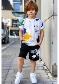 Resim Riccotarz Erkek Çocuk Bisiklet Yaka Üzeri Renki Boya Desenli T-shirt Beli Lastikli Siyah Şortlu Takım Siyah 