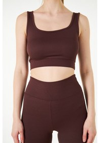 Resim Thiff Gymwear Yeşil Fitilli Kare Yaka Esnek Örme Crop Büstiyer Atlet Kahverengi 
