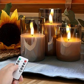 Resim 3'lü Şık Gri LED Mum Işıkları Uzaktan Kumandalı - Düğünler, Doğum Günleri & Noel Dekorasyonu için Titrek Alevsiz Balmumu Eritme Yakıcılar 
