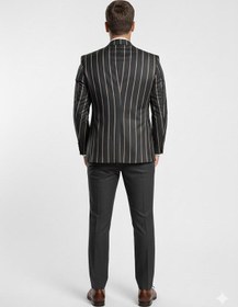 Resim Erkek Çizgili Takım Elbise 3 Lü Set Ceket + Yelek + Pantolon Slim Fit İtalyan Tarz Siyah 