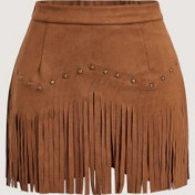 Resim Kadın Modası Fringe Mini Etek - Kahverengi, Püskü Detay, Tüm Mevsim Giyim, Rahat Stil, Rahat Giyim|Fringe Etek|Süslü Düğmeler, Mini Etek 