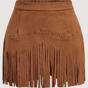 Resim Kadın Modası Fringe Mini Etek - Kahverengi, Püskü Detay, Tüm Mevsim Giyim, Rahat Stil, Rahat Giyim|Fringe Etek|Süslü Düğmeler, Mini Etek 