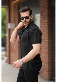 Resim Erkek Kısa Kollu Çizgili Gömlek Siyah 
