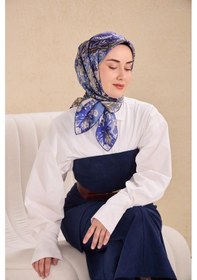 Resim Silk Home Twill İpek Eşarp Art Desen Mavi Gri 90x90 11512-37 