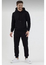 Resim Kapüşonlu Siyah Eşofman Takımı Unisex Oversize 2 Iplik Siyah 