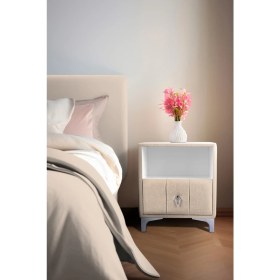 Resim Gazzini Furniture Singular Silver iki Çekmeceli Krem Komodin Raflı Kumaş Kapaklı Yatak Odası Komodin 