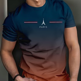 Resim Erkekler için 3D Baskılı Paris Eyfel Kulesi & Gradyan Metinli Günlük Tişört - Nefes Alabilen Yazlık Kısa Kollu Yuvarlak Yaka, Makinede Yıkanabilir Normal Kalıp Dış Mekan ve Günlük Giyim, Modern Grafikli Tişört, Dijital Baskılı Gömlek, Rahat Kumaş 