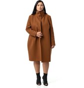 Resim Büyük Beden Dik Yaka Düğme Detaylı Astarlı Kahverengi Kaşe Kaban-kahverengi Kahverengi 