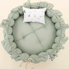 Resim Yuvarlak Babynest ve Yastık - Çift Taraflı - Mint Örgü - Kuş 