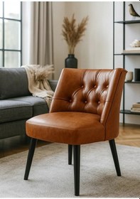 Resim Waterybrook Berjer Sandalye - Kapitoneli Suni Deri - Siyah Ahşap Ayaklı - Retro Modern Tasarım Taba Kahverengi 