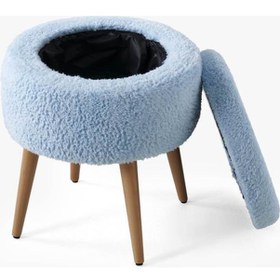 Resim Teddy Ahşap Ayaklı Sandıklı Yuvarlak Puf Makyaj Masası Pufu - Dekoratif Ayak Uzatma Pufu Bebek Mavisi 