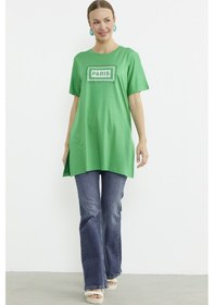 Resim Büyük Beden Baskılı Uzun Tunik Tişört - Yeşil Yeşil 