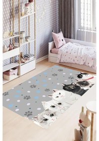 Resim Dijital Baskılı Mavi Gri Pati Desenli Dekoratif Yıkanabilir Kaymaz Taban Çocuk Halısı Çok Renkli 