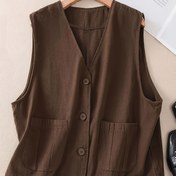 Resim Kadınlar için Kolsuz V Yaka Hırka Yelek - Kahverengi Düğmeli Cep Detaylı, Tüm Mevsimler İçin Rahat Katlama Parçası, Düğmeli Hırka Yelek, Çok Yönlü Moda, Klasik Yaka Tasarımı, Dayanıklı Kumaş 