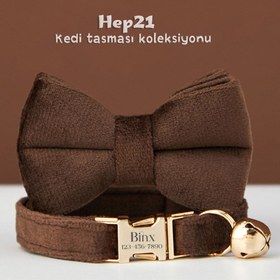 Resim Cat Collar Velvet Named Bell Cat Collar 755153 - Coffee Collar + BOW TIE / S/M 