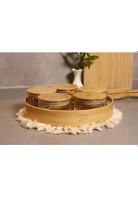 Resim Duo 300 Ml Silikonlu Bambu Kapaklı Cam Kahvaltılık Lüx Kahvaltılık Sunum Seti 