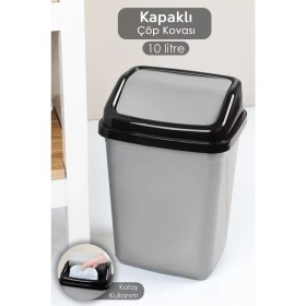 Resim Gri Kapaklı Plastik Çöp Kovası, 10 Litre, Ev, Ofis, Banyo, Mutfak Için Ideal 