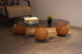 Resim Modern Orta Sehpa & Küre Sehpa & Top Sehpa & Füme Fasulye Cam & Meşe Top 