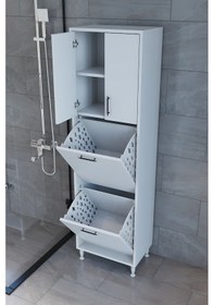 Resim Makbulce Nergiz Beyaz Ve Renkli Kirli Çamaşır Sepetli Çok Amaçlı Banyo Dolabı Beyaz 