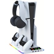 Resim Xuweiwei Ps5 Ps5 Slim Konsolu Soğutma Fanı Rgb Işık Kulaklık Kancası 3 Seviyeli Soğutma Çift Kumanda Şarj İstasyonu Beyaz 