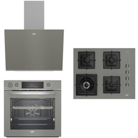 Resim Beko Gri Cam 9 Fonksiyonlu Buhar Destekli FitFry (AirFry Özellikli) WOK Gözlü 3'lü Ankastre Set 