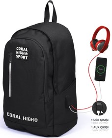 Resim Coral High Sport Siyah Üç Bölmeli Usb Şarjlı Kulaklık Çıkışlı Sırt Çantası 23231 