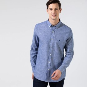 Resim Nautica Erkek Mavi Slim Fit Uzun Kollu Keten Gömlek W35000T.4ES 