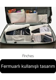 Resim 6'lı Valiz Bavul Düzenleyici Seyahat Çantası Organizer Hurç Set Fermuarlı Gri Çizgi Fileli Gri 