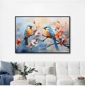 Resim Yağlı Boya Dokulu Tablo Dalda Renkli Kuşlar Siyah Çerçeveli U04005-178919 