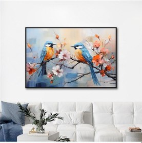 Resim Yağlı Boya Dokulu Tablo Dalda Renkli Kuşlar Siyah Çerçeveli U04005-178919 