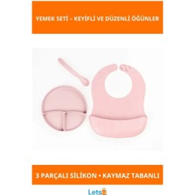 Resim Pembe 3 Bölmeli Kaymaz Vakumlu Silikon Tabak Diş Kaşıyıcılı Kaşık Ve Ayarlanabilir Mama Önlüğü 