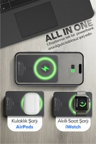 Resim Woyax All In Magsafe Powerbank 10.000mAh 20W Hızlı Taşınabilir Şarj Cihazı Saat Kulaklık iPhone Android 