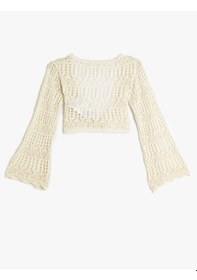 Resim Koton Crop Ajurlu Hırka V Yaka Uzun Kollu Bej 5wkg90022ht Ekru 