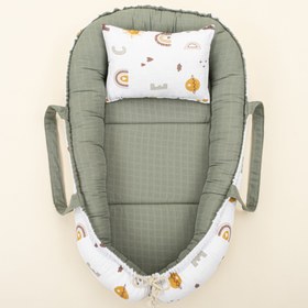 Resim Babynest ve Yastık - Çift Taraflı - Haki Muslin - Galaksi ve Harfler 