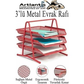 Resim Kırmızı Metal Evrak Rafı 3 Lü Ve Masaüstü Kalemlik 3 Lü 1 Paket Masaüstü A4 Dosya 3 Katlı Düzenleyici Kağıt Tepsisi 