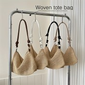 Resim 1 adet Kadınlar için Vintage Esinlenmiş Dokuma Hasır Çanta - Büyük Kapasite, Sabit Omuz Askısı, Fermuar Kapanışı, Polyester Kaplama, Kahverengi/Siyah Renkli, Hasır Çanta 