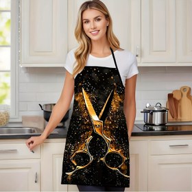 Resim 1 adet Şık Makas Baskılı İş Önlüğü - Dayanıklı %100 Polyester, Altın & Siyah Tasarım ile Parıltılı Etki, Ayarlanabilir Boyun & Bel Askıları ile Salon, Bahçe İşleri, Pişirme için 