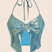 Resim Backless Rhinestone Kalp Yarık Halter Top, İlkbahar Ve Yaz İçin Seksi Ruched İnce Kolsuz Kırpma Üst, Kadın Giyim 