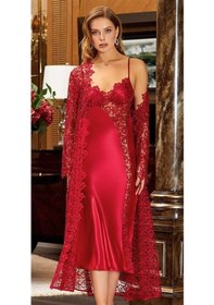 Resim Jeremi 619 İpek Saten Dantelli Uzun Altılı Set - Bordo Bordo 