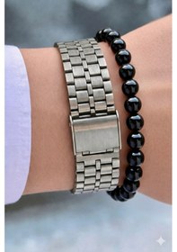 Resim Premium Lüks Seri Özel İnce Kasa Ve Özel Metal Kordon Takvimli Erkek Kol Saati-bileklik Hediyeli Siyah 