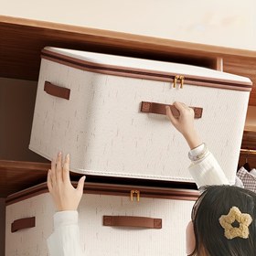 Resim 1 Adet Şık Keten Dokulu Dökme Kumaş Saklama Kutusu Kapaklı - Yatak Odası için Modern Dikdörtgen Organizatör, Çok Amaçlı Ev Organizasyonu, Nötr Dekor Eşyası | Sağlam Tutma Sapı Özelliği, Giysi Organizatörü, Yatak Altı Depolama 