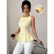 Resim Şık Kadın Dokulu Omuz Üstü - Ön Kurdele ile - Kolsuz, Sarı, İlkbahar/Yaz Stili, Şık Kolsuz Üst|Dokulu Üst|Ön Kurdele Detayı 