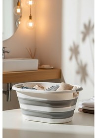 Resim Snippy Accord - Silikon Katlanabilir Çamaşır Sepeti - Akordiyon Katlanır Sepet Kirli Sepeti Oval 25 Lt Beyaz - Gri 