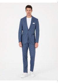 Resim Cacharel İndigo Slim Fit Keten Yün Karışımlı Mikro Desen Mono Yaka Takım Elbise Mavi 