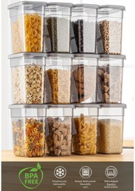 Resim 12'li Etiketli Erzak Saklama Kabı Seti - Sızdırmaz Kapaklı Bakliyat Saklama Kutusu - 12 X 1100 Ml Antrasit 