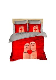 Resim Parmak Kalp Çift Kişilik 4 Parça Pamuk Saten Nevresim Takımı Alev Kırmızısı 