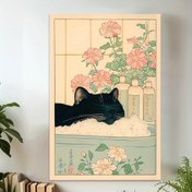 Resim 2D Düz, Çerçevesiz Siyah Kedi Küvette Japon Duvar Sanatı - Pembe Güller ve Yeşil Yapraklarla Minimalist Tuval Baskı, Huzurlu Banyo Dekoru, Ev için Mürekkep Tuval Posteri, Oturma Odası veya Hediye, Kedi Dekorasyonu 