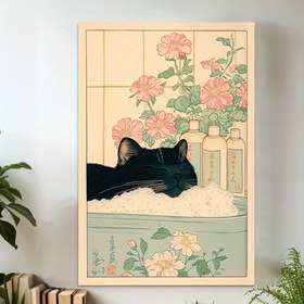 Resim 2D Düz, Çerçevesiz Siyah Kedi Küvette Japon Duvar Sanatı - Pembe Güller ve Yeşil Yapraklarla Minimalist Tuval Baskı, Huzurlu Banyo Dekoru, Ev için Mürekkep Tuval Posteri, Oturma Odası veya Hediye, Kedi Dekorasyonu 